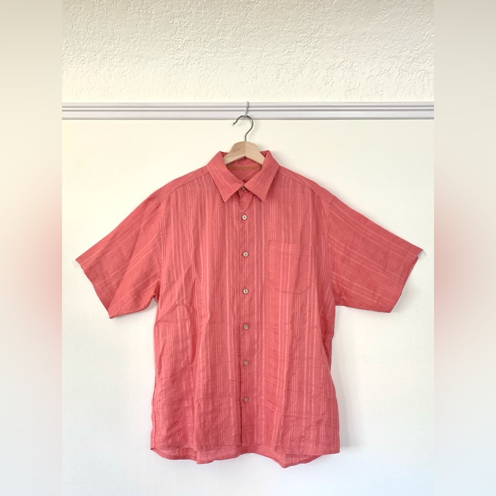 Tommy Bahama coral pink woven linen short sleeve button front shirt coastal chic